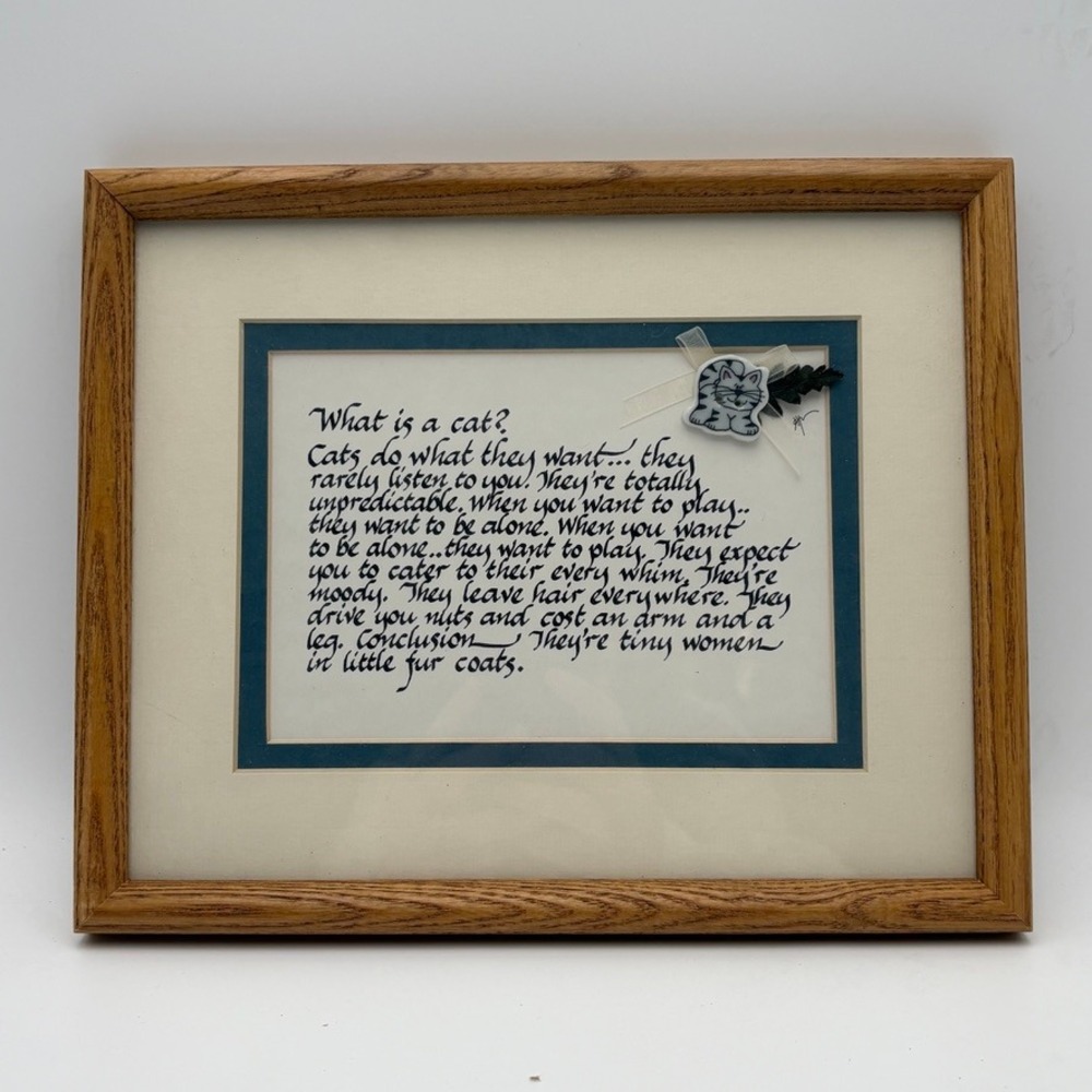 Vintage Framed Calligraphy Cat Poem Art What Is A Cat? Oak Wood Frame 9x11
